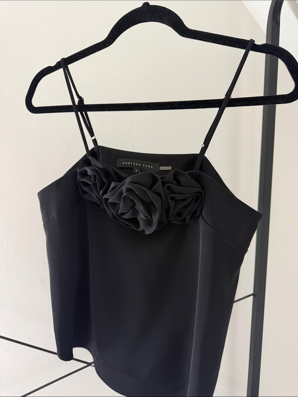 Endless Rose Black Floral Rosette Spaghetti Strap Camisole